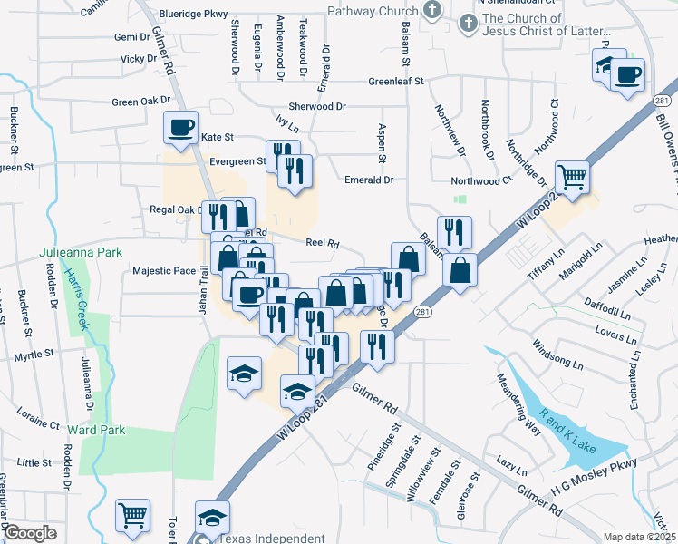 map of restaurants, bars, coffee shops, grocery stores, and more near 17 Village Drive in Longview
