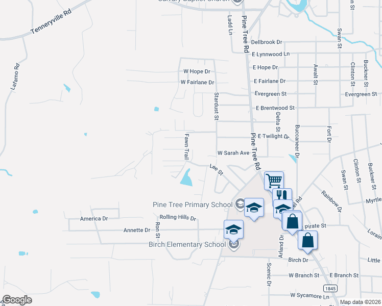 map of restaurants, bars, coffee shops, grocery stores, and more near 400A Fawn Trail in Longview