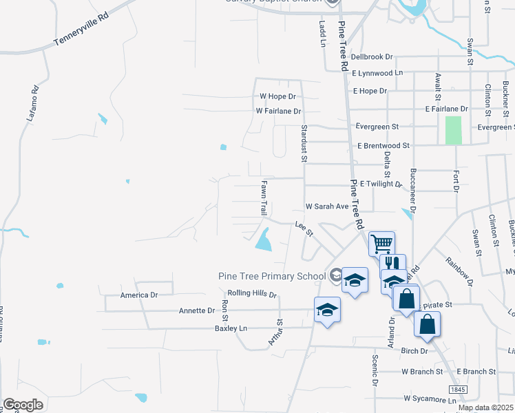 map of restaurants, bars, coffee shops, grocery stores, and more near 2103 Shady Trail in Longview