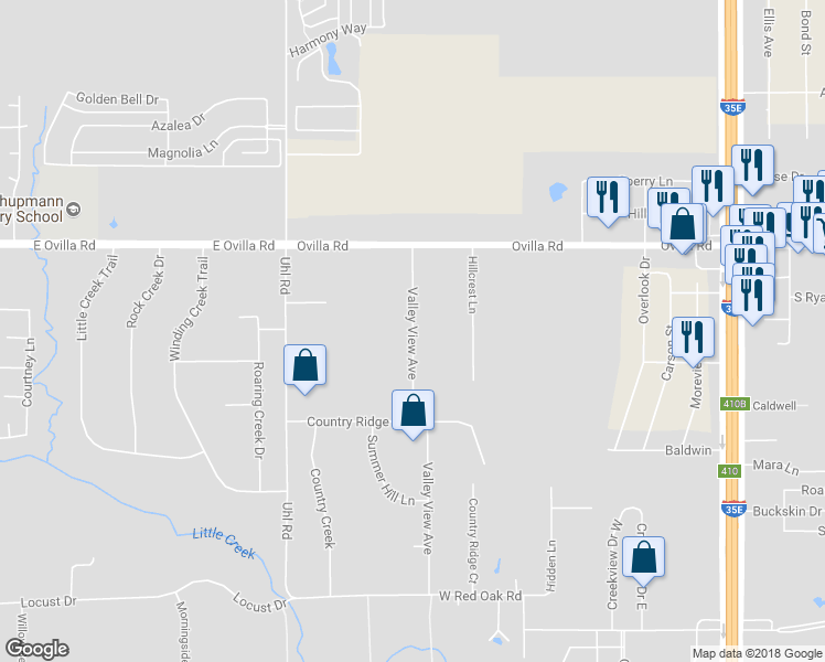 map of restaurants, bars, coffee shops, grocery stores, and more near 821 Valley View in Red Oak