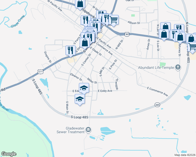 map of restaurants, bars, coffee shops, grocery stores, and more near 408 South White Street in Gladewater