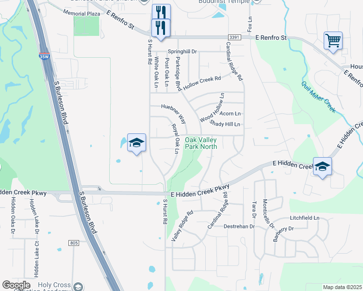 map of restaurants, bars, coffee shops, grocery stores, and more near 907 Royal Oak Ln in Burleson