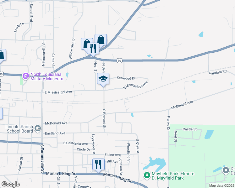 map of restaurants, bars, coffee shops, grocery stores, and more near 1304 East Mississippi Avenue in Ruston