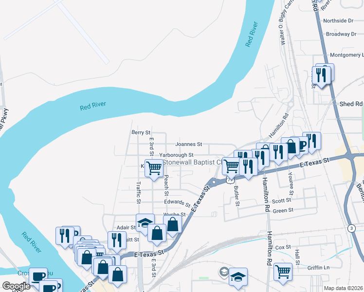 map of restaurants, bars, coffee shops, grocery stores, and more near 600 Joannes Street in Bossier City