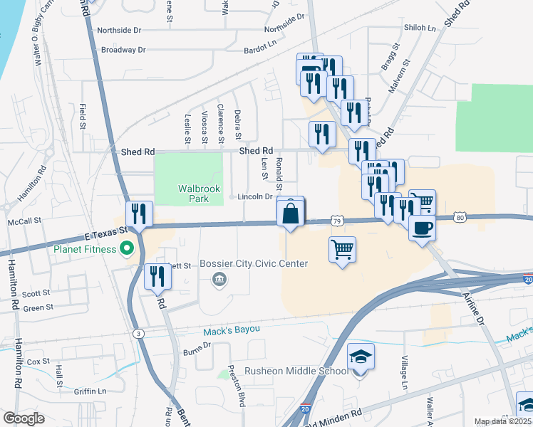 map of restaurants, bars, coffee shops, grocery stores, and more near 2711 East Texas Street in Bossier City