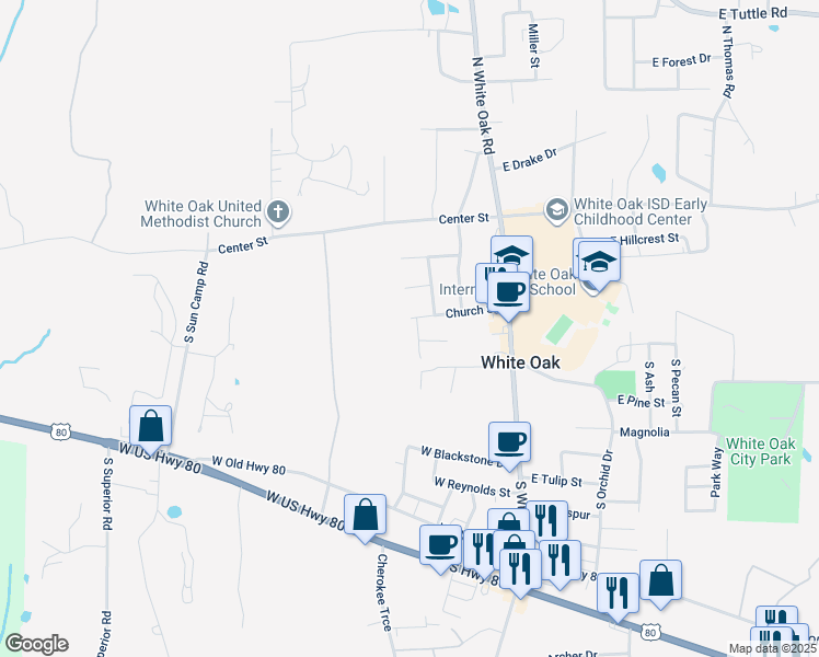 map of restaurants, bars, coffee shops, grocery stores, and more near 2 Oak Run in White Oak