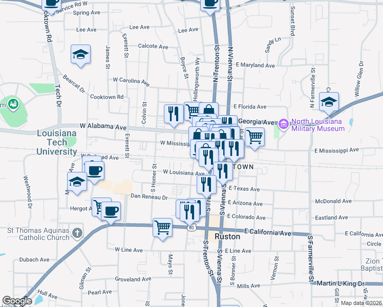 map of restaurants, bars, coffee shops, grocery stores, and more near 103 North Monroe Street in Ruston