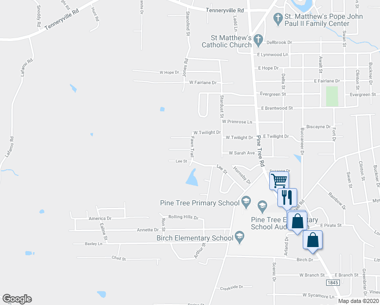 map of restaurants, bars, coffee shops, grocery stores, and more near 2101 Shady Trail in Longview