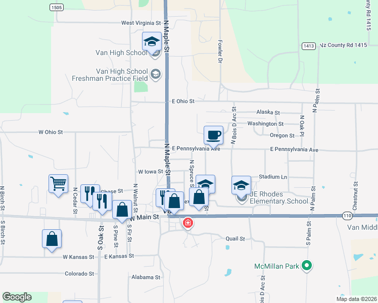 map of restaurants, bars, coffee shops, grocery stores, and more near 196 East Pennsylvania Street in Van