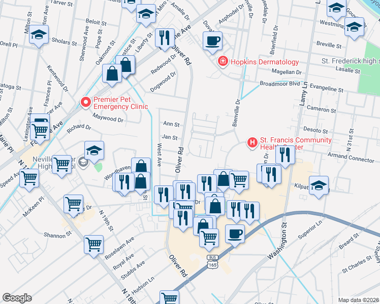 map of restaurants, bars, coffee shops, grocery stores, and more near 1501 Lafitte Circle in Monroe