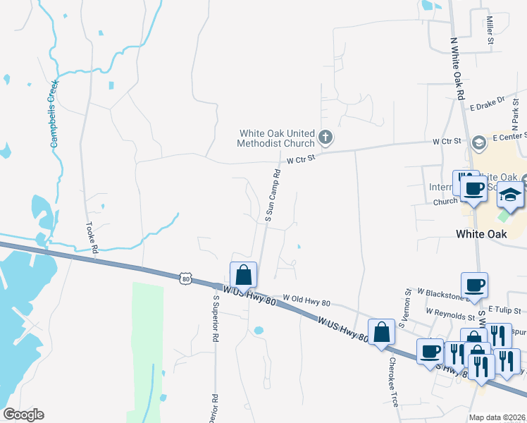 map of restaurants, bars, coffee shops, grocery stores, and more near 301 South Sun Camp Road in White Oak