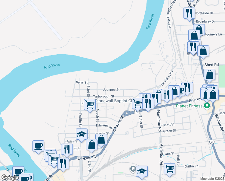 map of restaurants, bars, coffee shops, grocery stores, and more near 634 Joannes Street in Bossier City