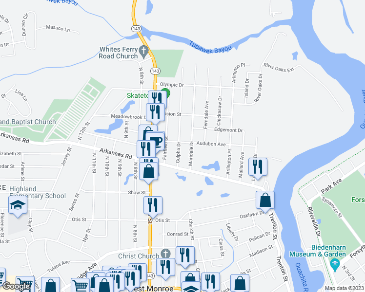 map of restaurants, bars, coffee shops, grocery stores, and more near 122 Gulpha Dr in West Monroe