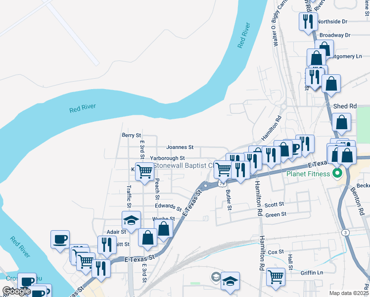 map of restaurants, bars, coffee shops, grocery stores, and more near 634 Joannes Street in Bossier City