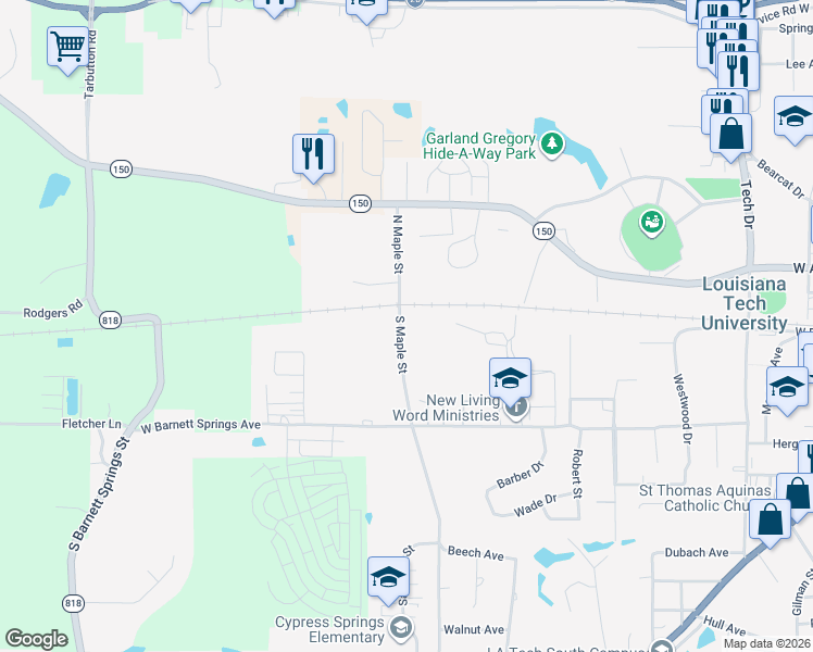map of restaurants, bars, coffee shops, grocery stores, and more near 117 South Maple Street in Ruston