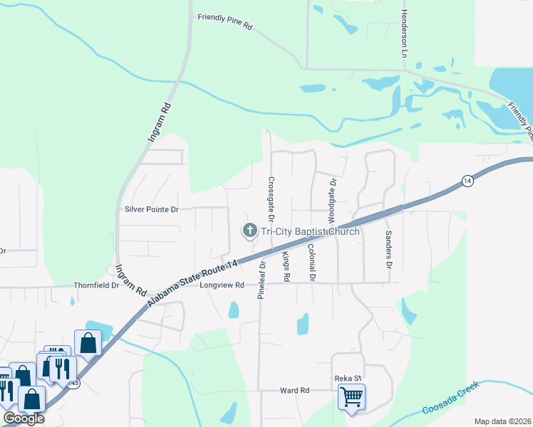 map of restaurants, bars, coffee shops, grocery stores, and more near 113 Crossgate Drive in Elmore