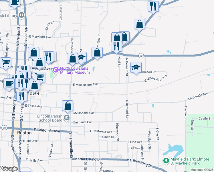 map of restaurants, bars, coffee shops, grocery stores, and more near 908 East Mississippi Avenue in Ruston