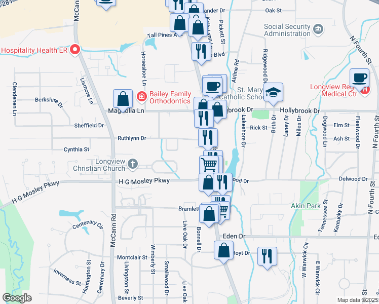 map of restaurants, bars, coffee shops, grocery stores, and more near 112 Ruthlynn Drive in Longview