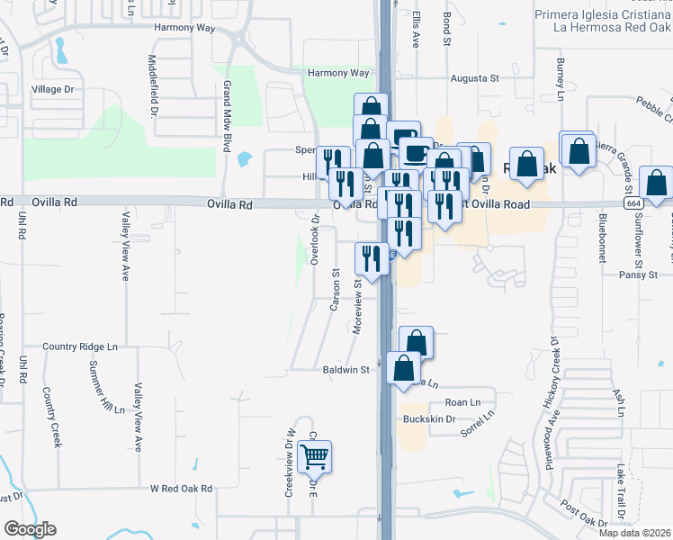 map of restaurants, bars, coffee shops, grocery stores, and more near 218 Carson Street in Red Oak