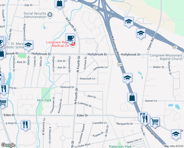 map of restaurants, bars, coffee shops, grocery stores, and more near 1006 Seminole Lane in Longview