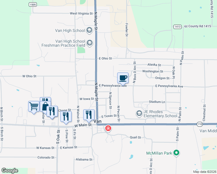 map of restaurants, bars, coffee shops, grocery stores, and more near 196 East Pennsylvania Street in Van