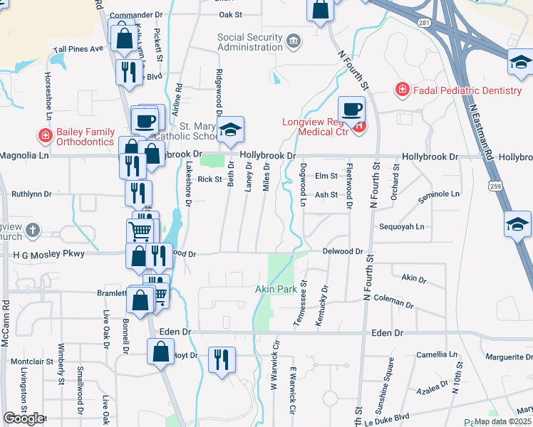 map of restaurants, bars, coffee shops, grocery stores, and more near 1812 Miles Drive in Longview