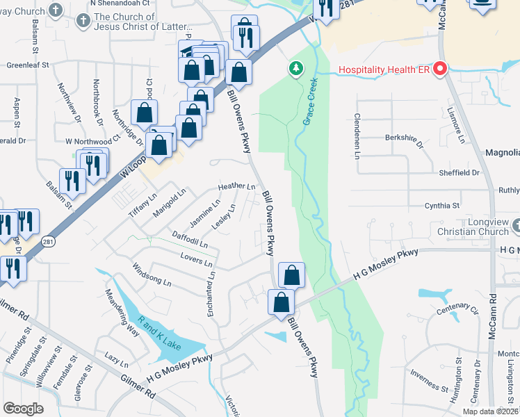 map of restaurants, bars, coffee shops, grocery stores, and more near 6 Casey Court in Longview