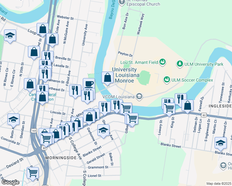 map of restaurants, bars, coffee shops, grocery stores, and more near in Monroe
