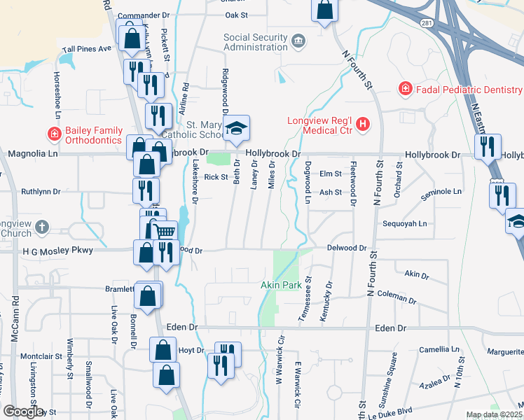 map of restaurants, bars, coffee shops, grocery stores, and more near 1812 Miles Drive in Longview