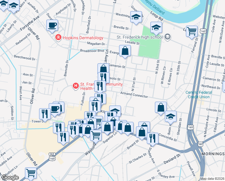 map of restaurants, bars, coffee shops, grocery stores, and more near 708 North 29th Street in Monroe