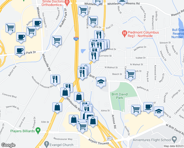 map of restaurants, bars, coffee shops, grocery stores, and more near 2437 West Britt David Road in Columbus