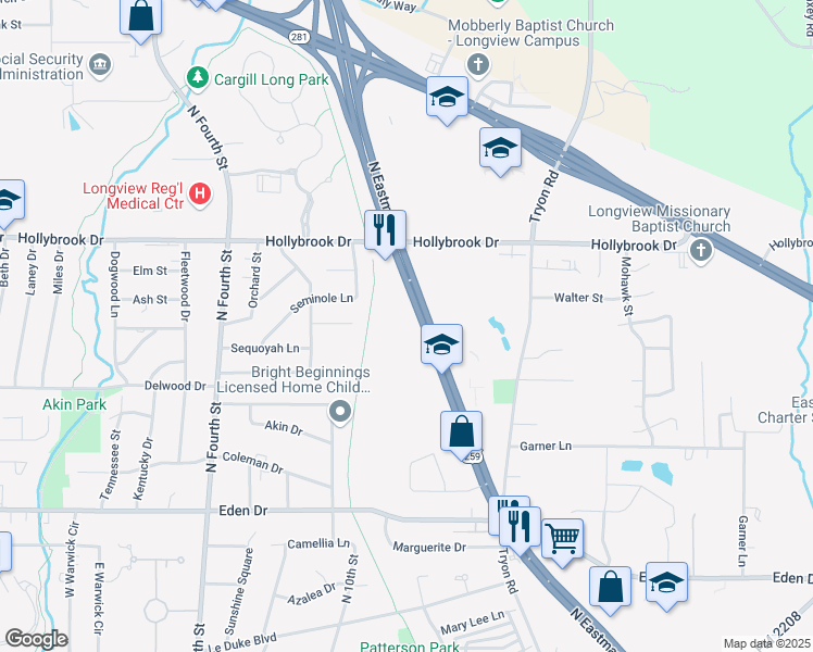 map of restaurants, bars, coffee shops, grocery stores, and more near 2501 North Eastman Road in Longview