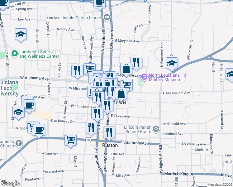 map of restaurants, bars, coffee shops, grocery stores, and more near 109 E Park Ave in Ruston