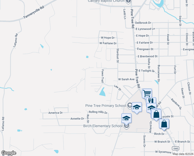 map of restaurants, bars, coffee shops, grocery stores, and more near 2103 Shady Trail in Longview