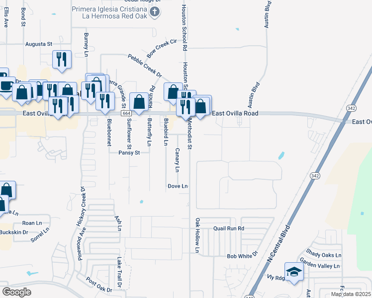 map of restaurants, bars, coffee shops, grocery stores, and more near 525 Canary Lane in Red Oak