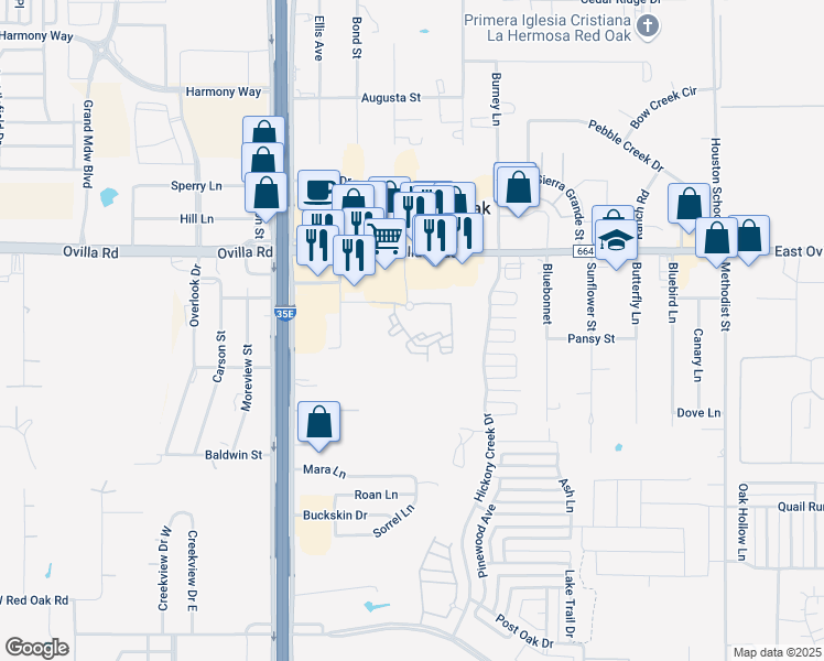 map of restaurants, bars, coffee shops, grocery stores, and more near 200 South Ryan Drive in Red Oak
