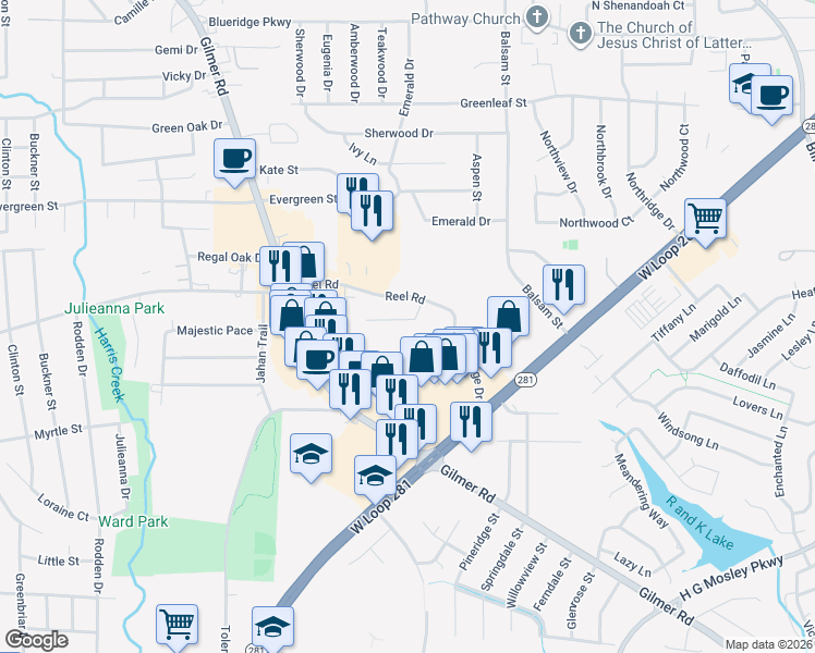 map of restaurants, bars, coffee shops, grocery stores, and more near 2216 Woodgrove Lane in Longview