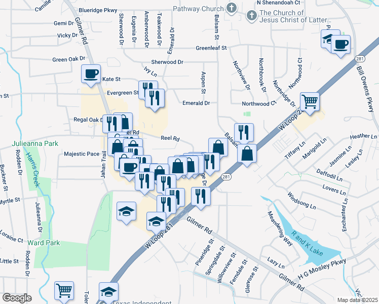 map of restaurants, bars, coffee shops, grocery stores, and more near 17 Village Drive in Longview