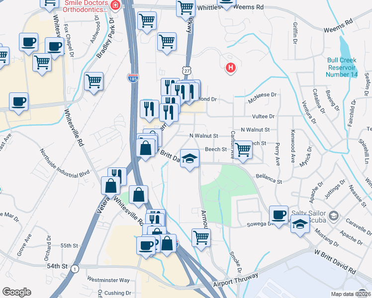 map of restaurants, bars, coffee shops, grocery stores, and more near 5720 Springhill Avenue in Columbus