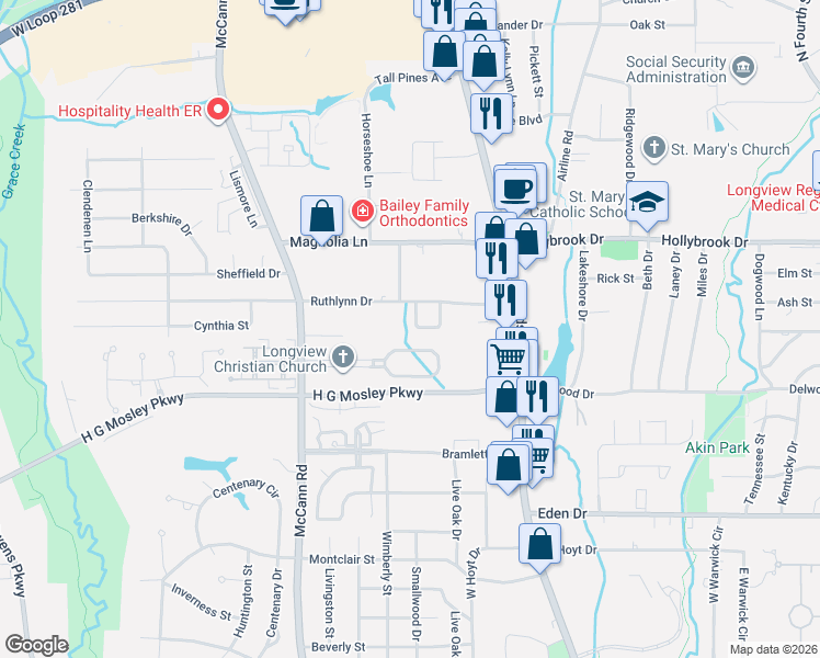 map of restaurants, bars, coffee shops, grocery stores, and more near 213 Hampton Court in Longview
