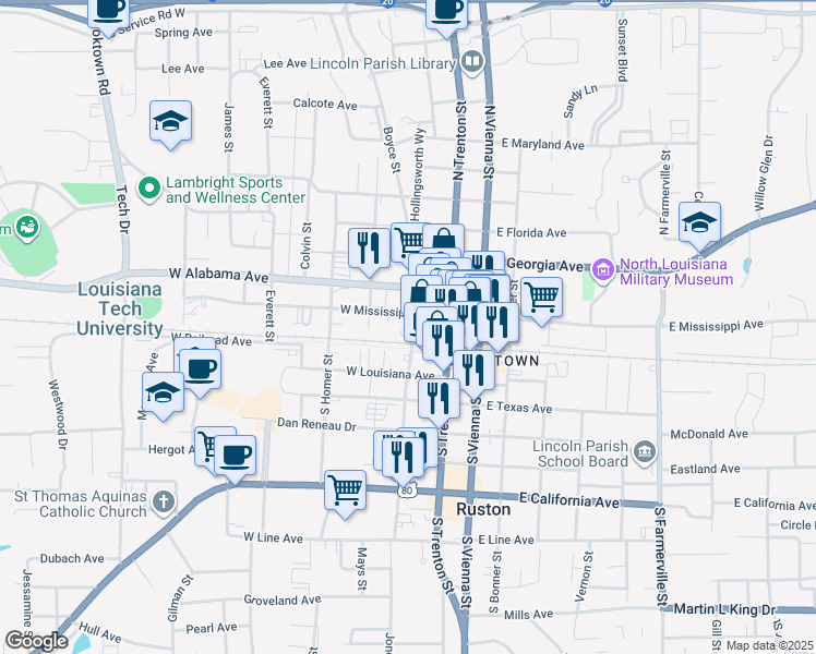 map of restaurants, bars, coffee shops, grocery stores, and more near 311 West Mississippi Avenue in Ruston