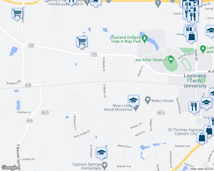 map of restaurants, bars, coffee shops, grocery stores, and more near 109 South Maple Street in Ruston