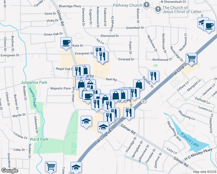 map of restaurants, bars, coffee shops, grocery stores, and more near 2216 Woodgrove Lane in Longview
