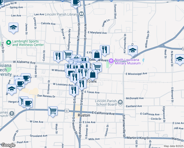 map of restaurants, bars, coffee shops, grocery stores, and more near 200 East Mississippi Avenue in Ruston