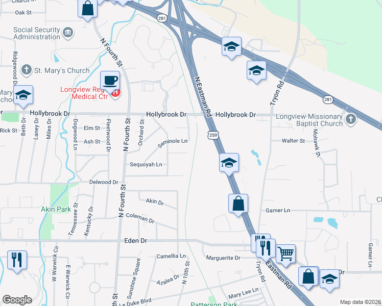 map of restaurants, bars, coffee shops, grocery stores, and more near 1110 Apache Court in Longview