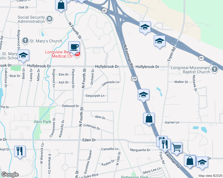 map of restaurants, bars, coffee shops, grocery stores, and more near Apache Court in Longview