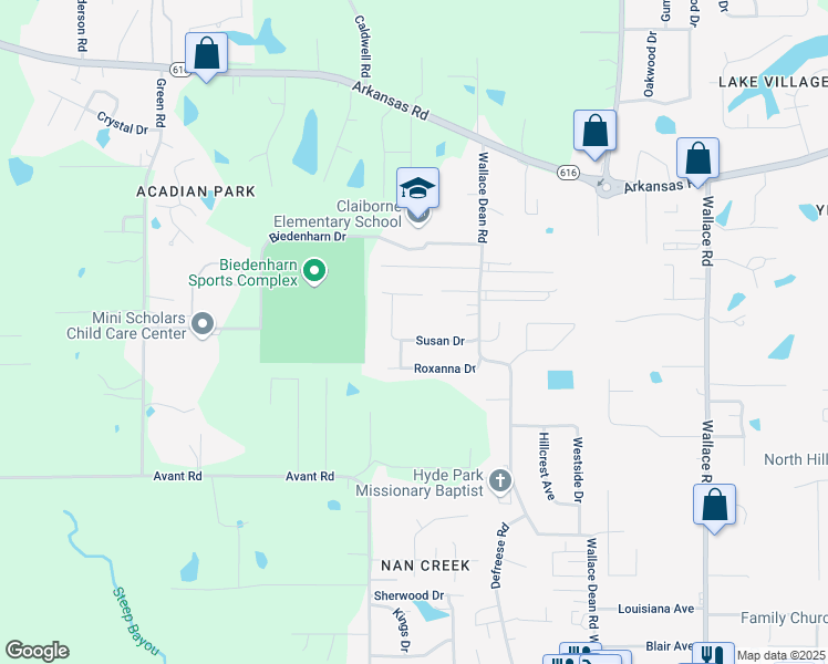 map of restaurants, bars, coffee shops, grocery stores, and more near 117 Susan Drive in West Monroe