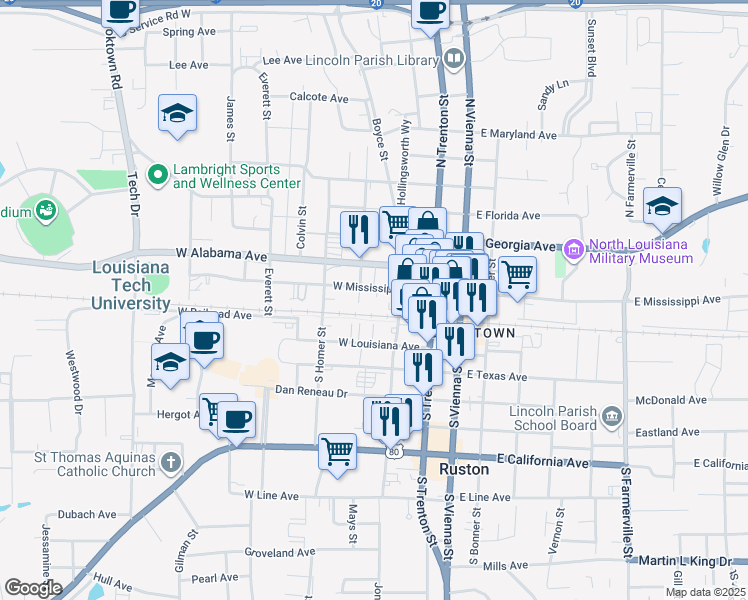 map of restaurants, bars, coffee shops, grocery stores, and more near 311 West Mississippi Avenue in Ruston