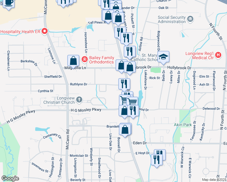 map of restaurants, bars, coffee shops, grocery stores, and more near 112 Ruthlynn Drive in Longview