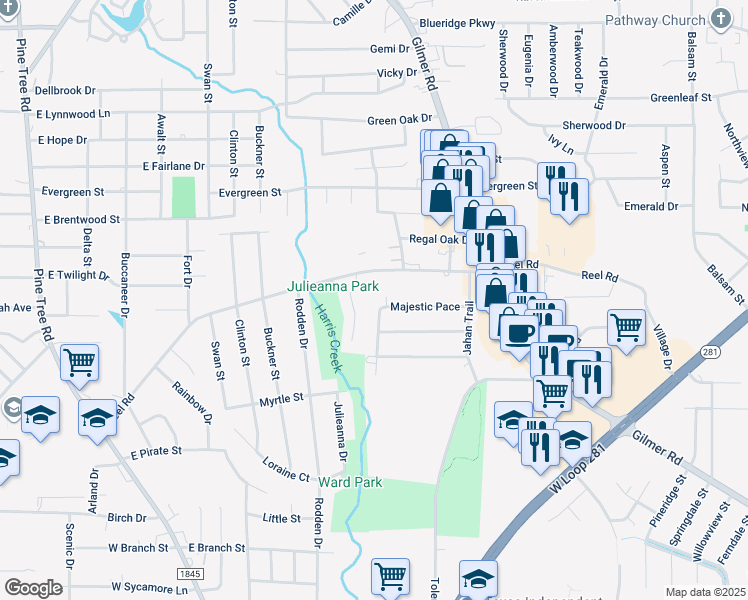map of restaurants, bars, coffee shops, grocery stores, and more near 2000 Majestic Pace in Longview
